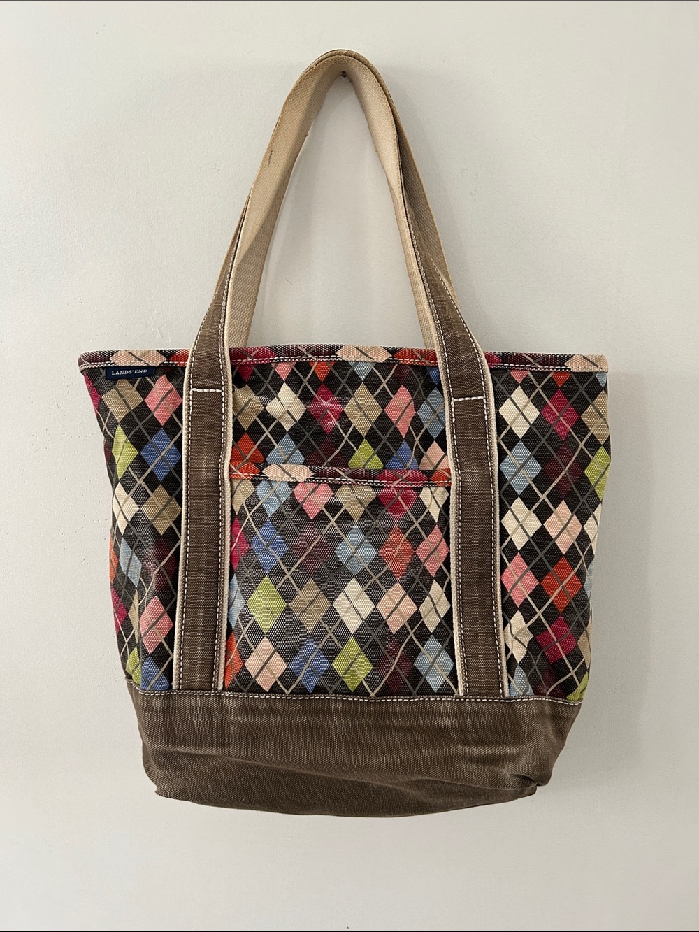 Lands End Argyle Canvas Tote Bag Medium Brown Preppy Beach Boat Travel Bag - Picture 15 of 15